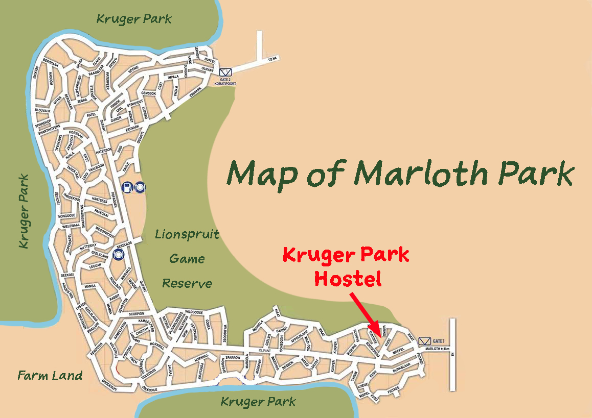 Map of Marloth Park showing location of Kruger Park and Kruger Park Hostel